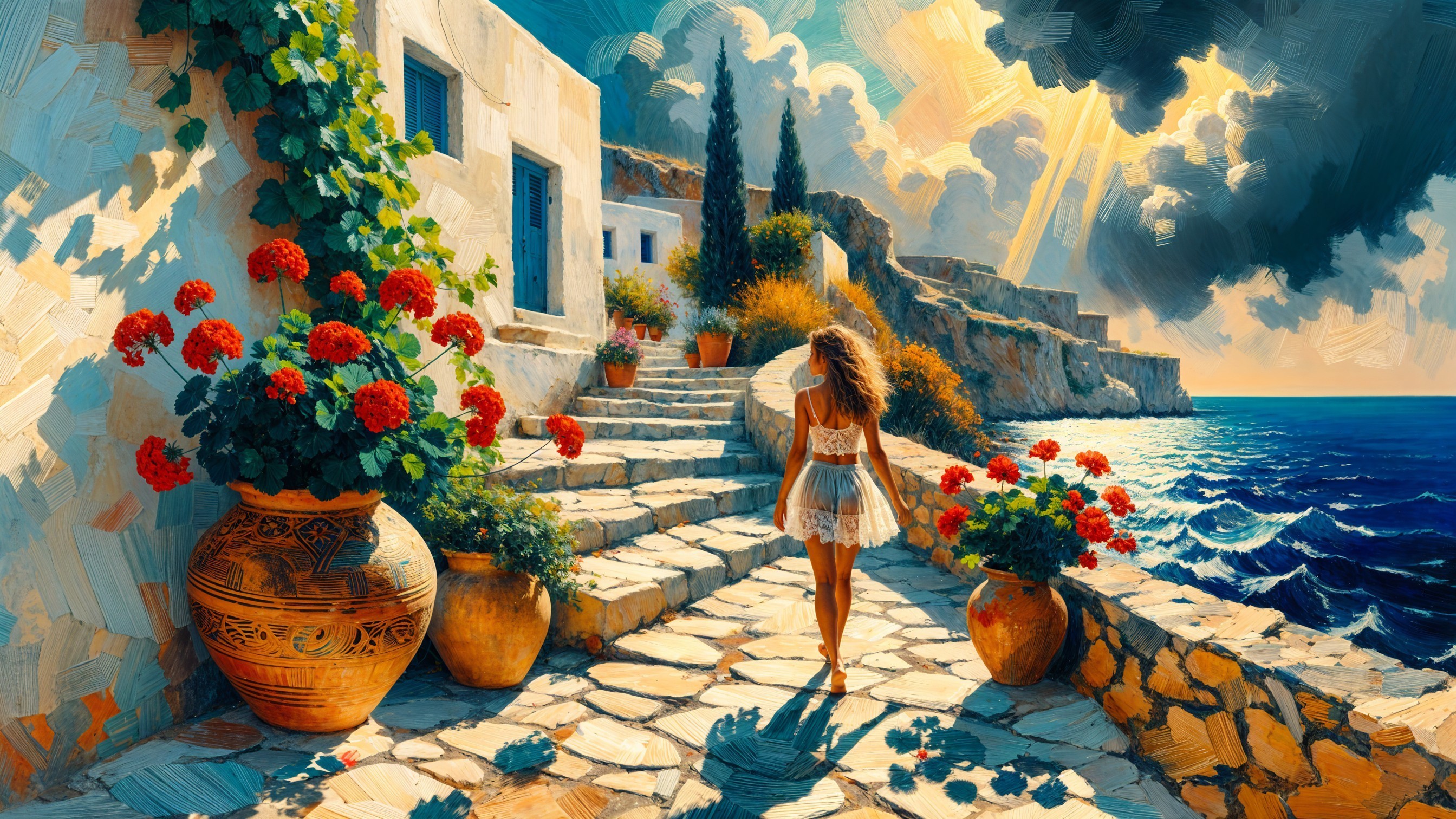 Young woman on stone pathway with geraniums and sea