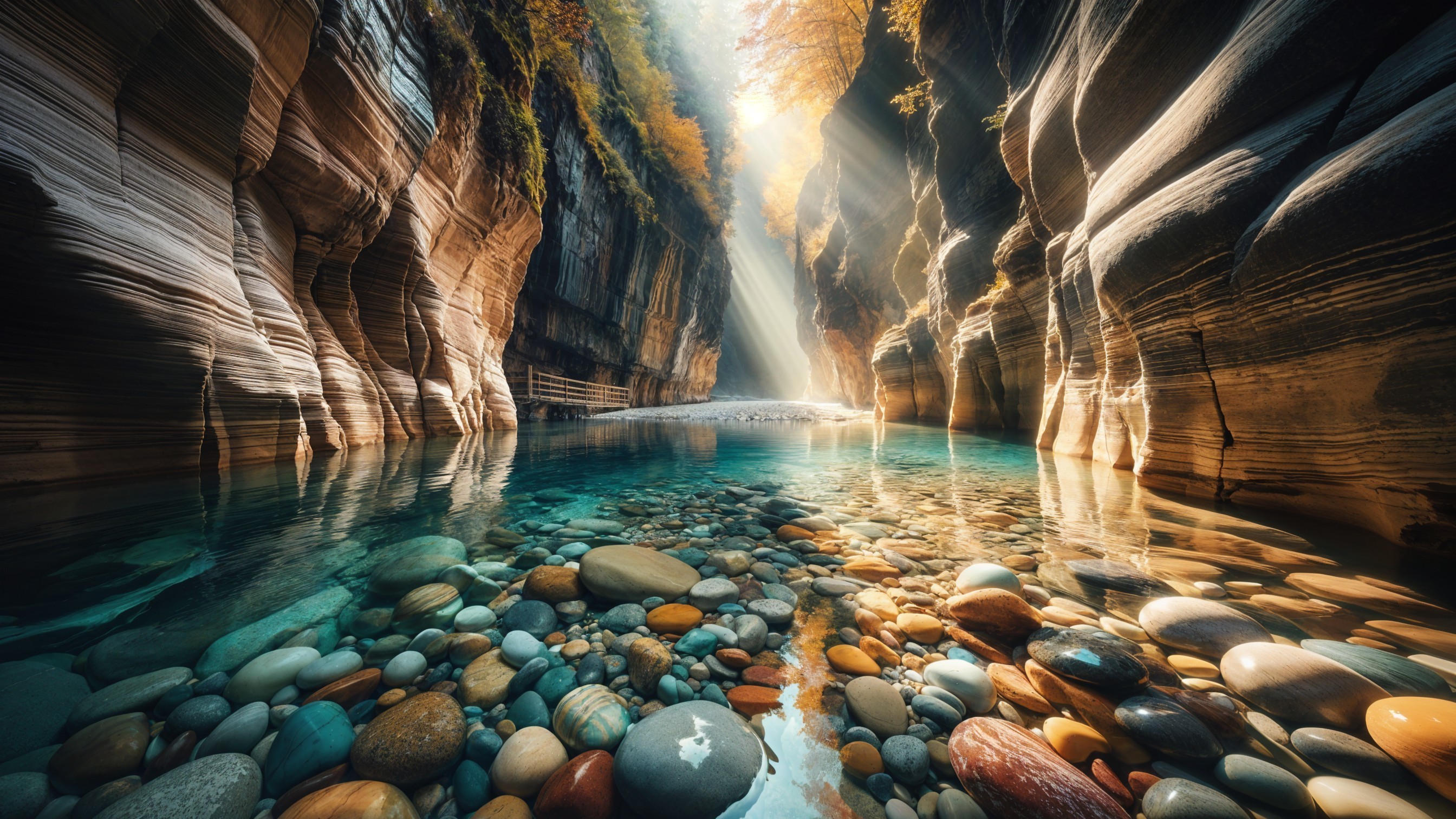 Serene Canyon with Towering Rock Walls and River