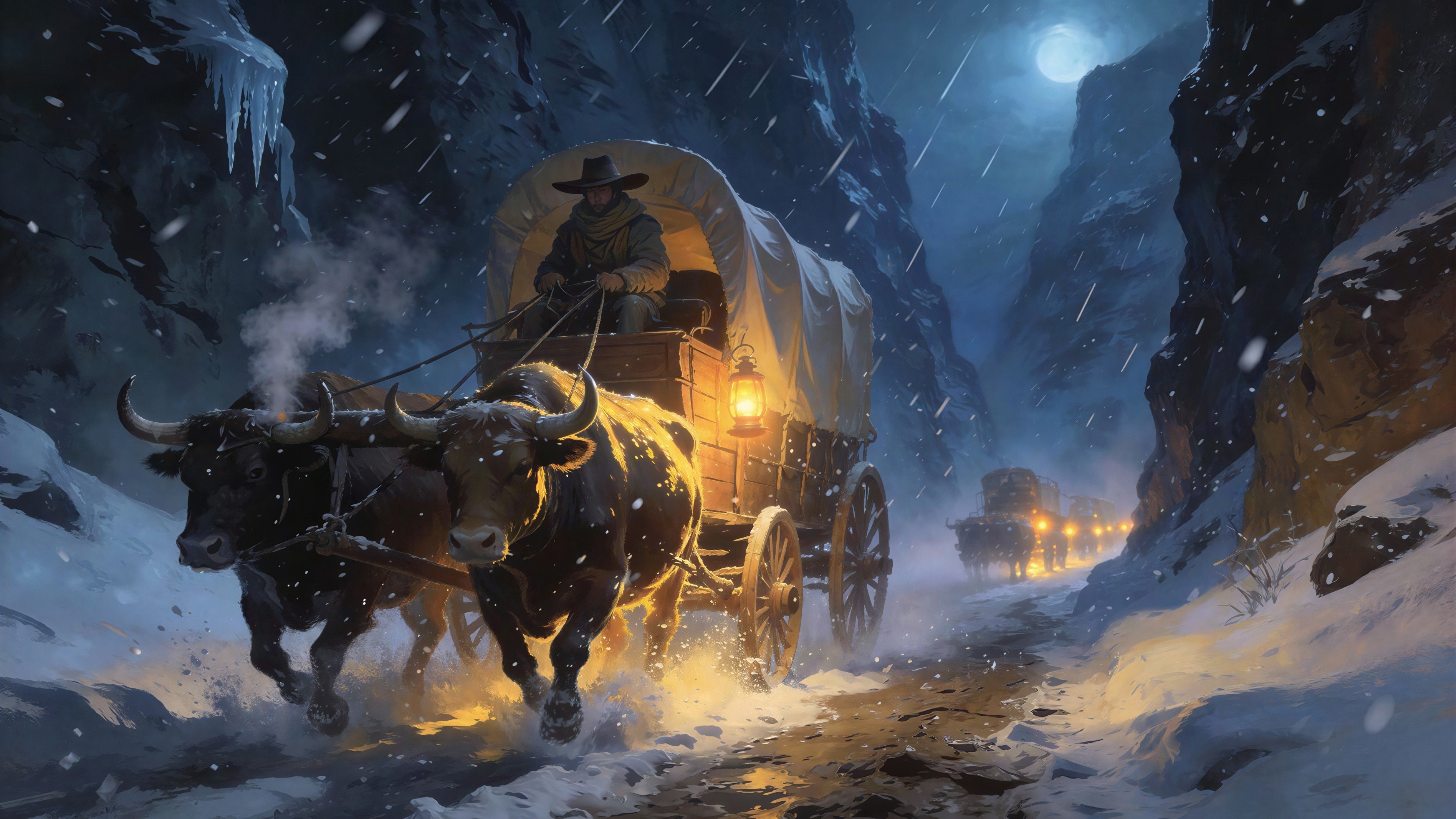 Digital Painting of Cowboys in Snowy Canyon at Night