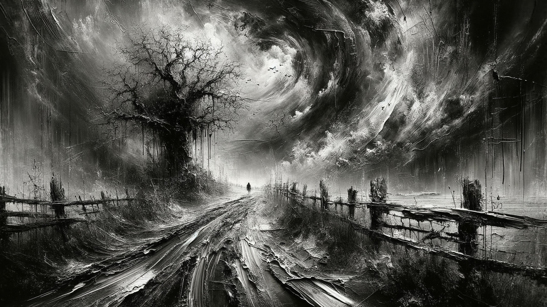 Monochromatic Landscape with Winding Road and Figure