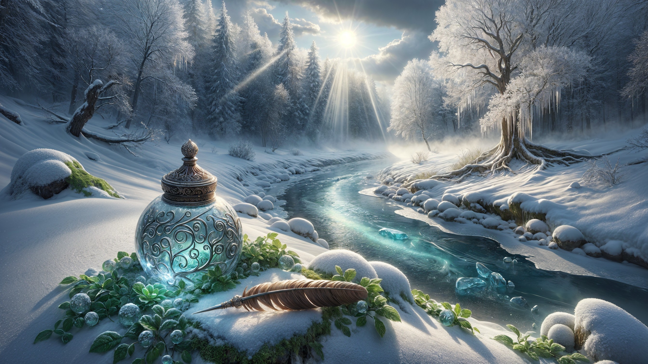 Winter Landscape with Ornate Potion Bottle and River