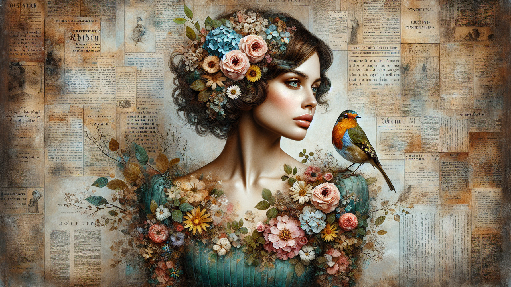 Beautiful woman with floral accents in vintage setting