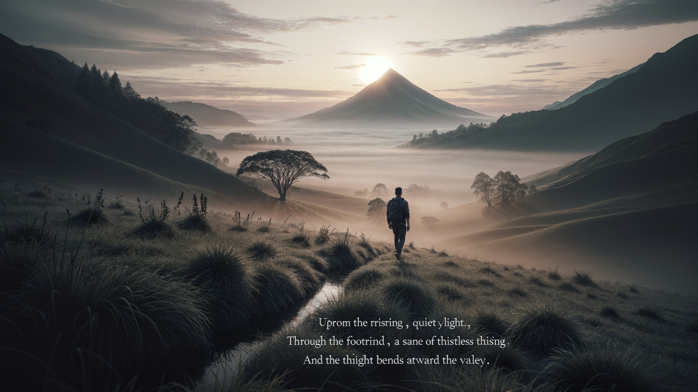Solitary Figure in Misty Valley at Sunrise
