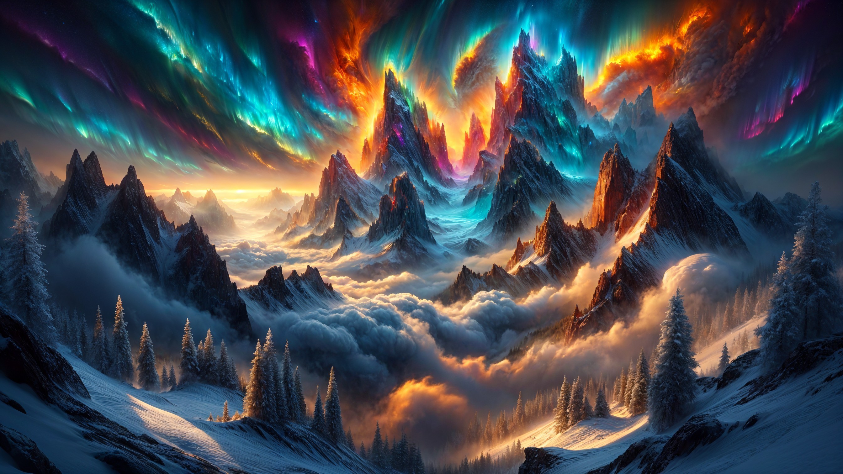 Majestic Mountains and Vibrant Auroras in Landscape
