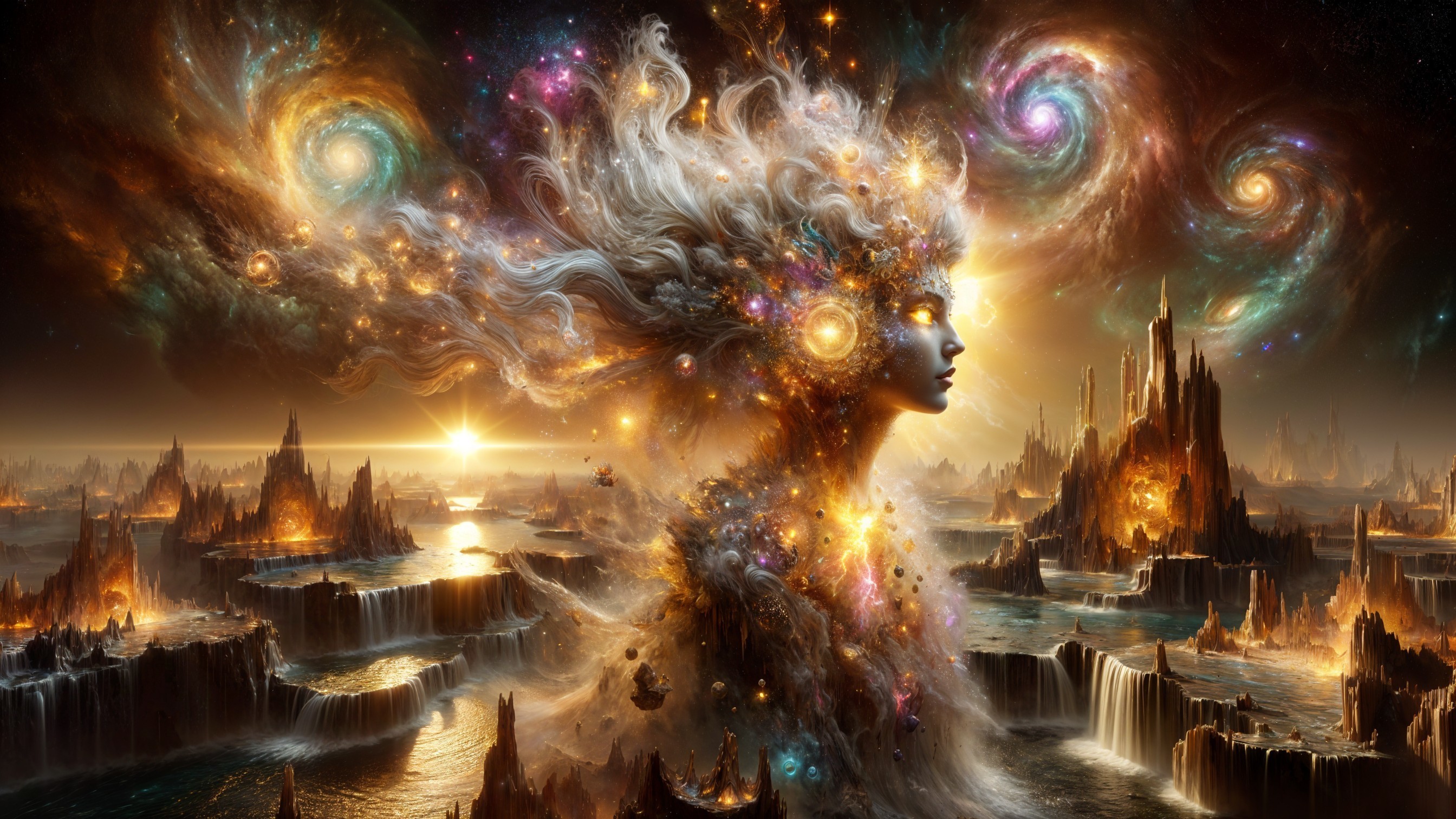 Cosmic Landscape with Woman Among Galaxies and Stars