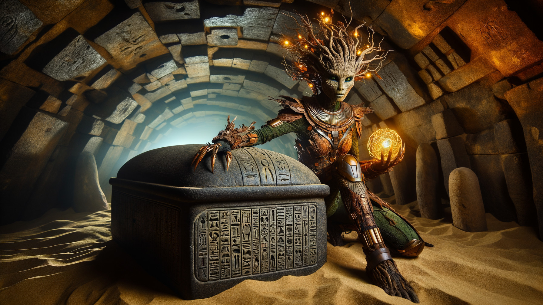 Otherworldly Being by Ancient Sarcophagus in Tunnel