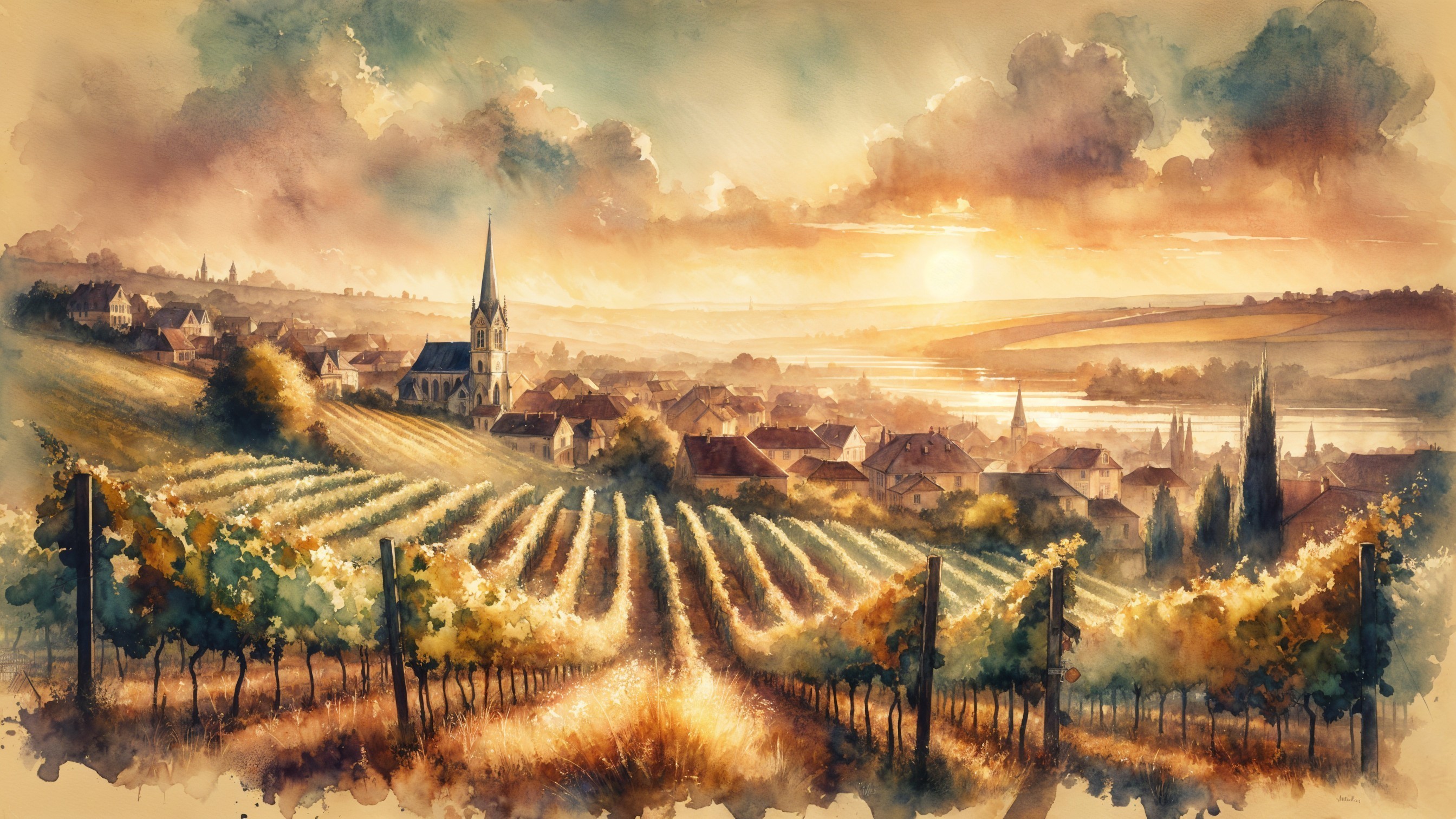 Countryside Village Surrounded by Rolling Hills and Vineyards