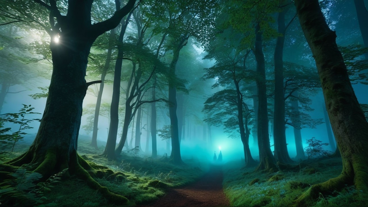 Mystical forest with fog, towering trees, and shadows