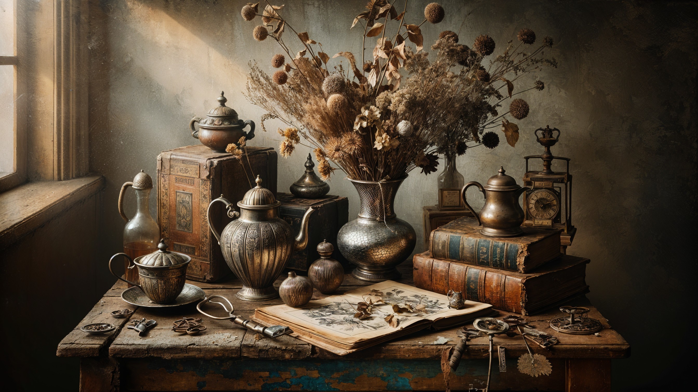 Rustic Table with Vintage Teapots and Dried Flowers