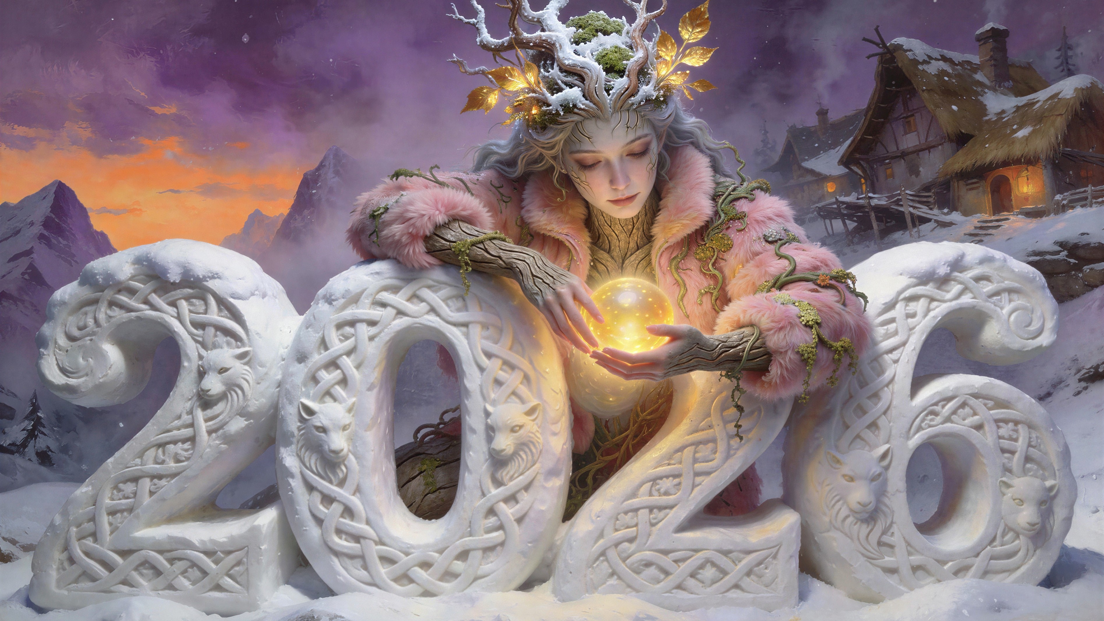 Fantasy Art of a Winter Scene with Tree Spirit and Numbers