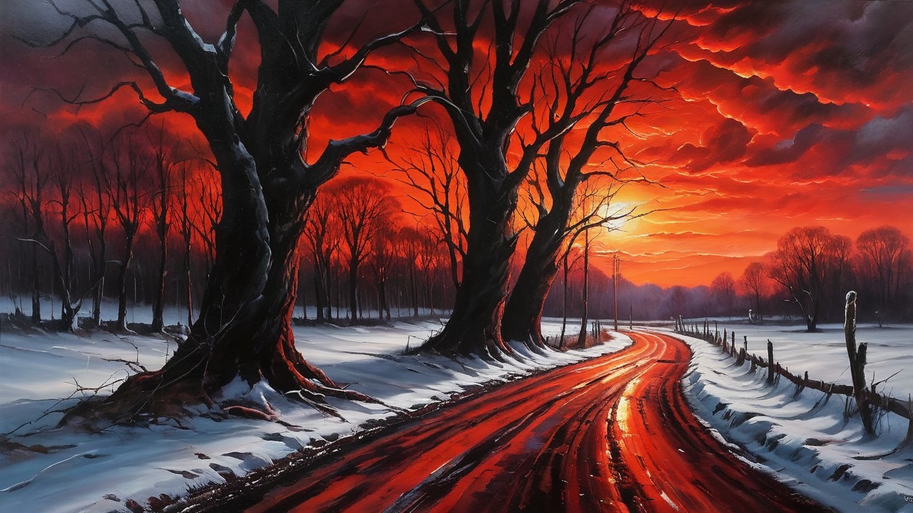 Surreal Digital Painting of Snowy Landscape at Sunset