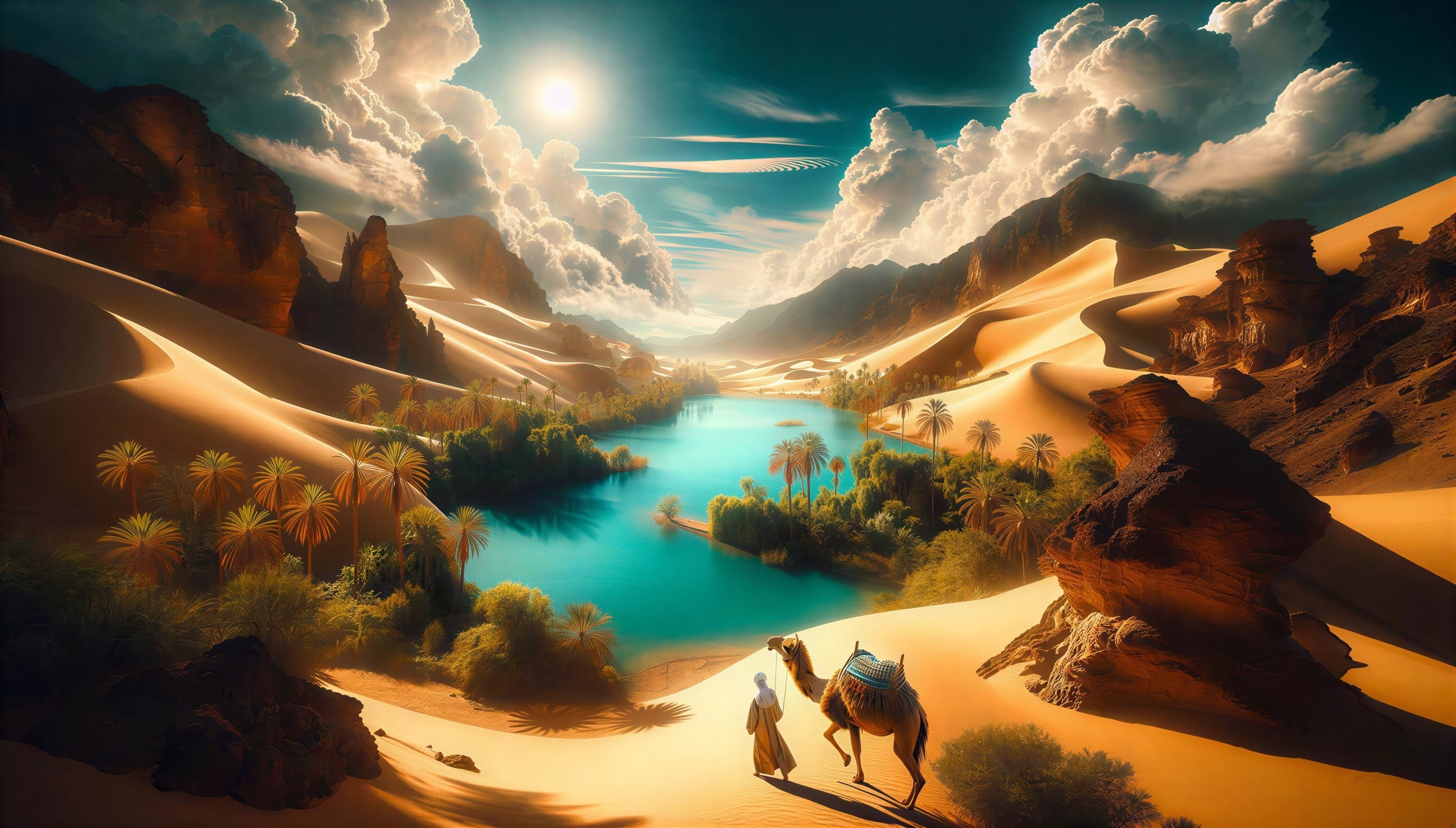 Vibrant Oasis in Desert Landscape with Mountains