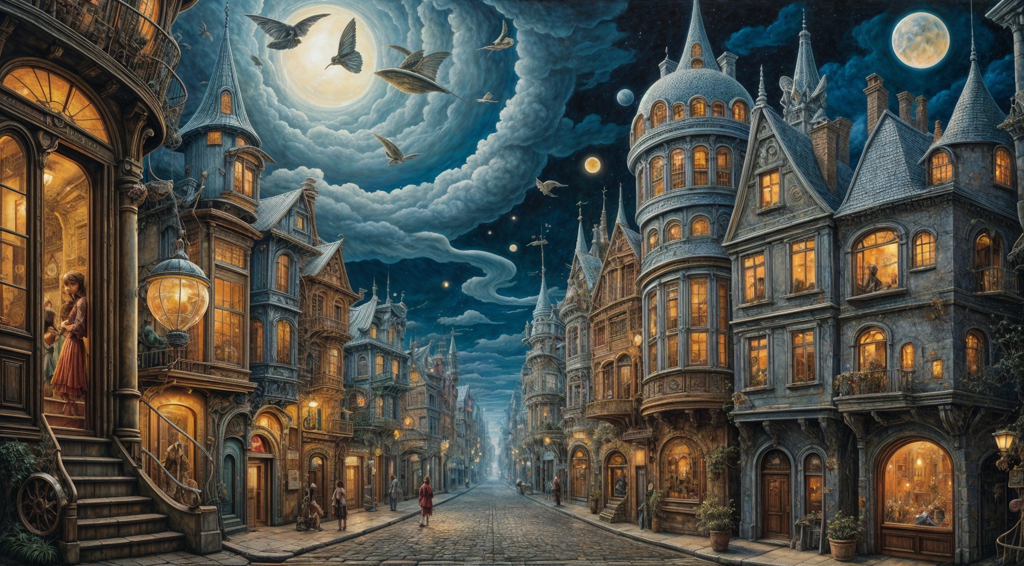 Moonlit Street in a Magical Whimsical Town
