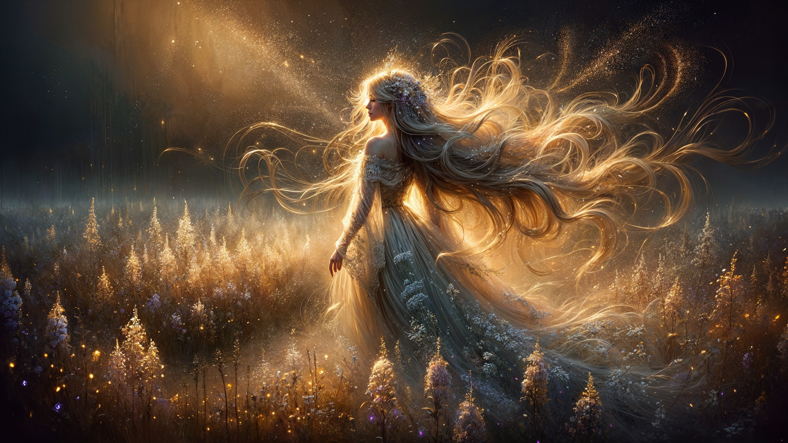 Ethereal Figure in a Shimmering Meadow Scene