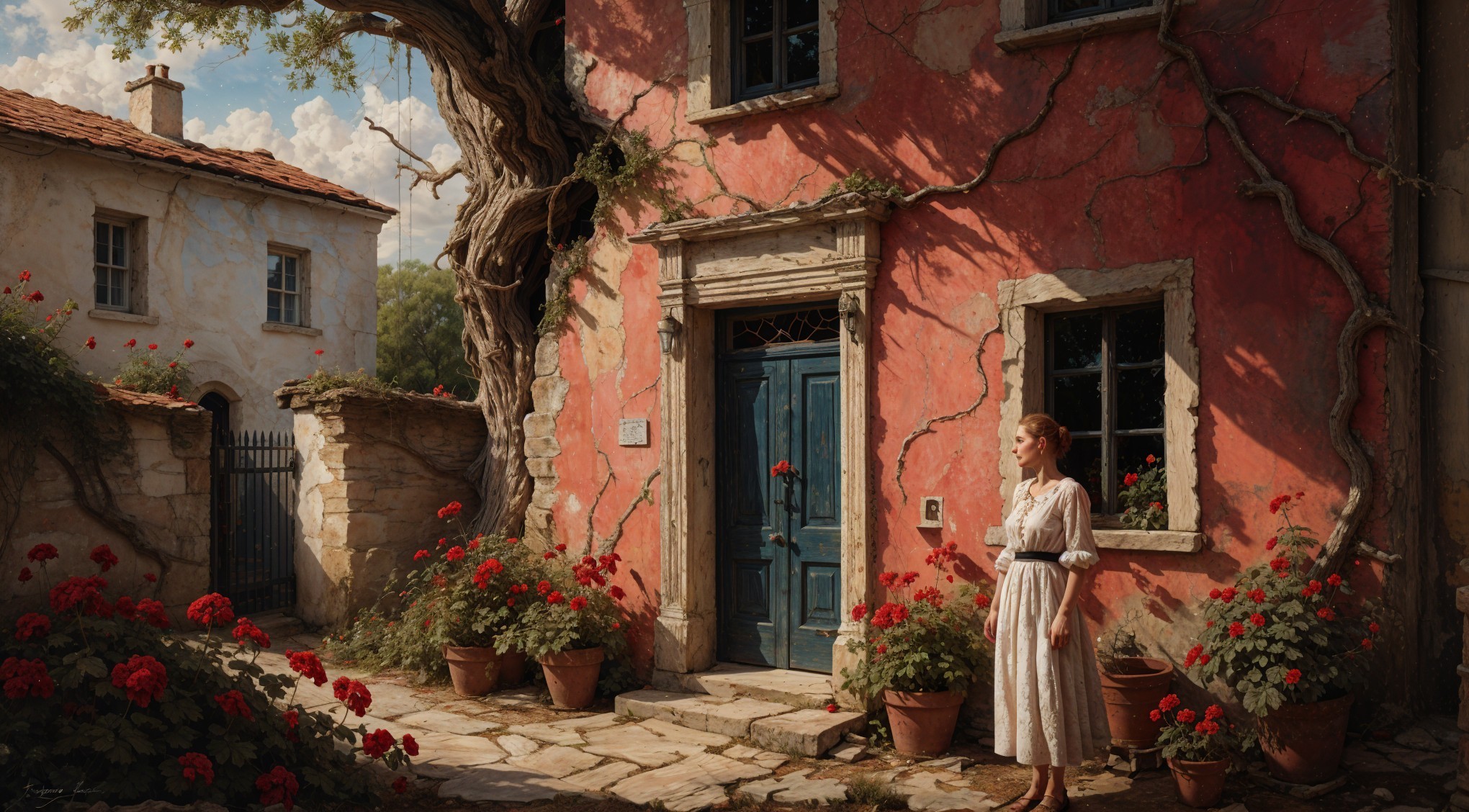 Young Woman by Weathered House with Vibrant Geraniums