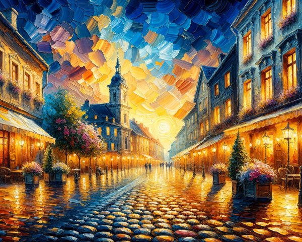 Charming Cobblestone Street at Sunset with Vibrant Colors