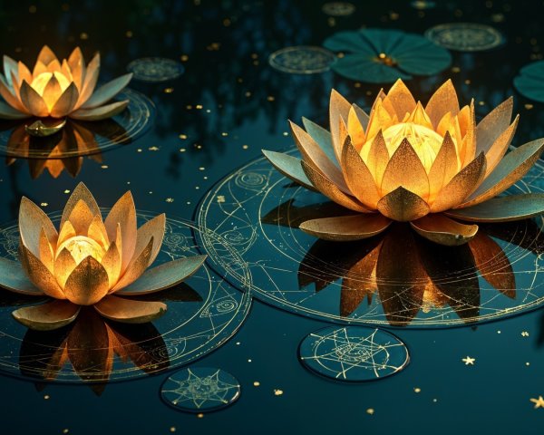 Illuminated Lotus Flowers on Tranquil Water Surface