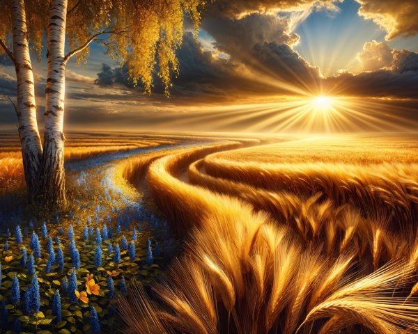 Serene Landscape with Wheat Fields and Birch Tree