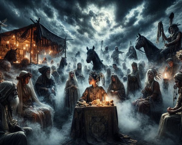 Mystical Gathering Under Full Moon with Diverse Attendees