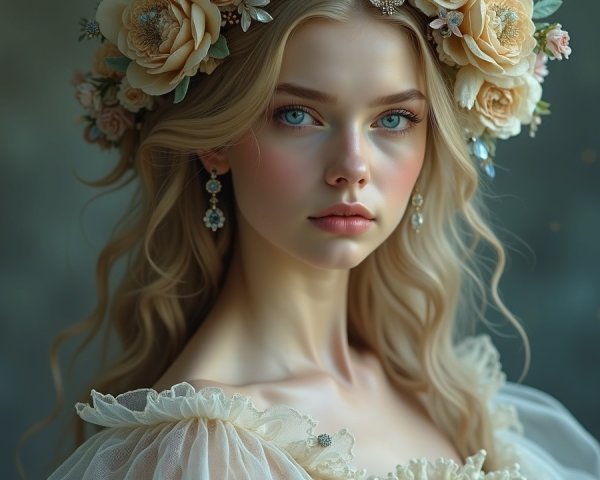 Young woman in floral crown and elegant gown