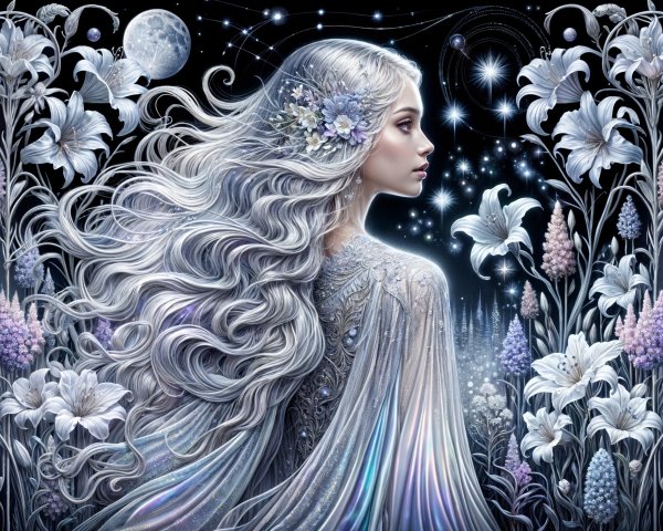 Ethereal figure in silver gown amidst starlit flowers