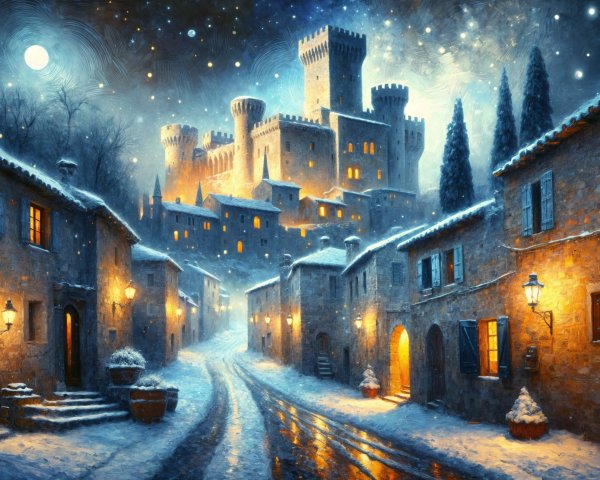 Winter Village Scene with Snow and Warm Lights