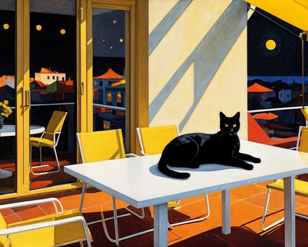 Black Cat on White Table in Vibrant Terrace Setting