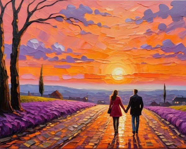 Couple Walking Through Lavender Fields at Sunset