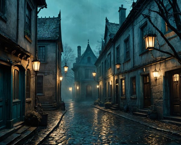 Narrow Cobblestone Street in an Old Village at Twilight
