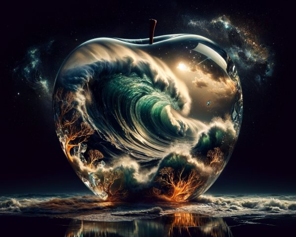 Giant Transparent Apple with Ocean Wave and Cosmos