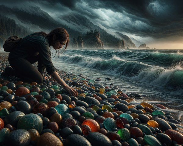 Woman on rocky beach with colorful stones and clouds