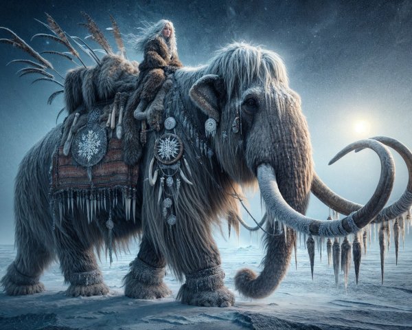 Woolly Mammoth in a Frozen Landscape with Tribal Decor
