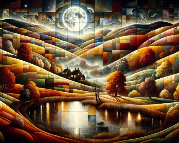 Vibrant Geometric Autumn Landscape with Lake and Moon