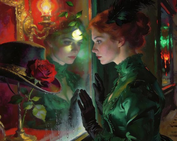 Oil Painting of a Woman in Green Dress on Rainy Night