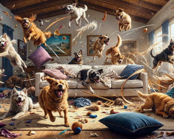 Chaotic Living Room with Joyful Dogs Playing