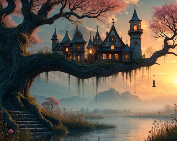 Whimsical Tree Over Lake with Charming Village Scene