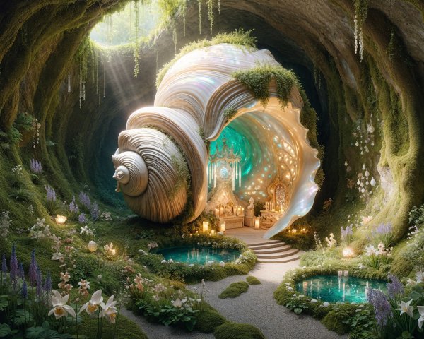 Whimsical Interior of a Giant Seashell in a Cave