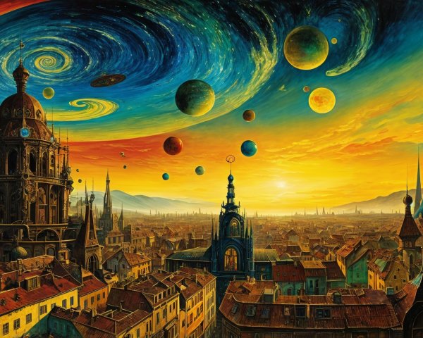 Surreal Cityscape Under a Swirling Cosmos