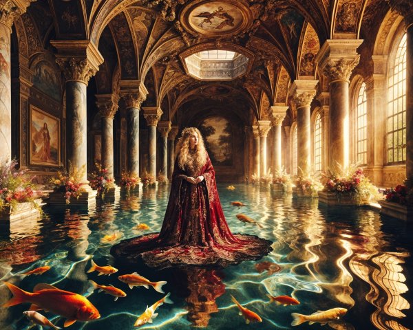 Opulent Flooded Space with Woman in Red Gown