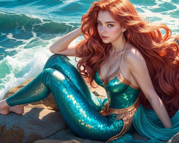 Mermaid figure on rocky shoreline with ocean backdrop