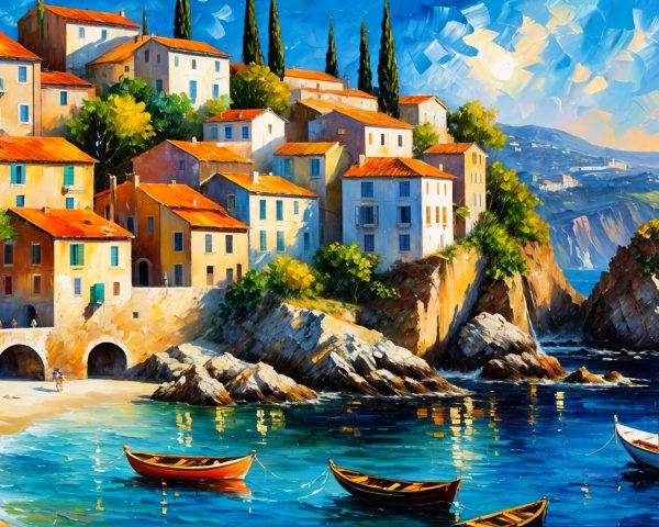 Coastal Village with Colorful Houses and Turquoise Water