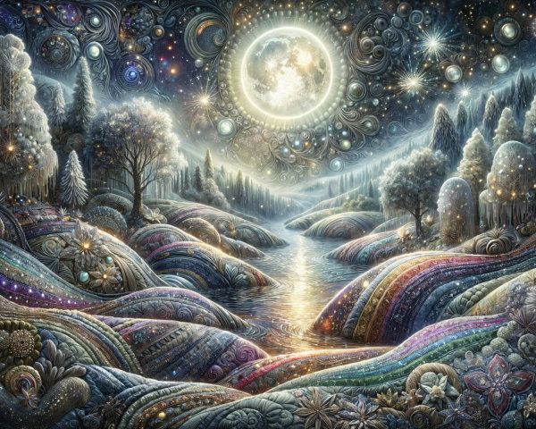 Dreamlike Landscape with Colorful Hills and Moon