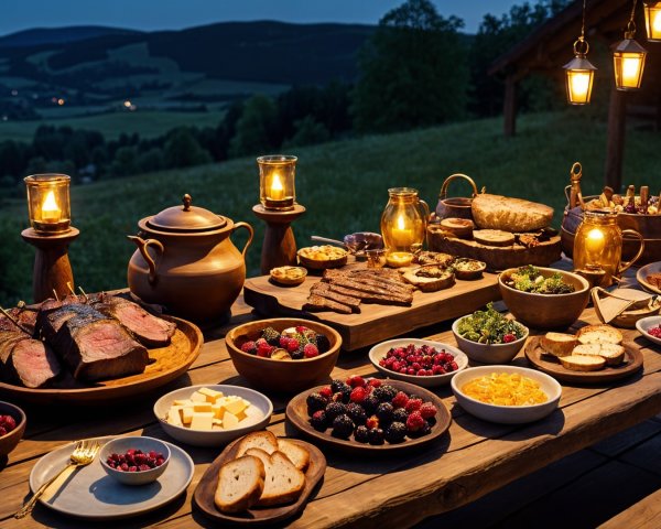 Outdoor banquet setup with grilled meats and cheeses