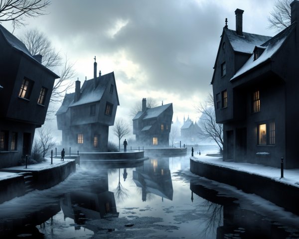 Serene Winter Scene with Snowy Canal and Houses