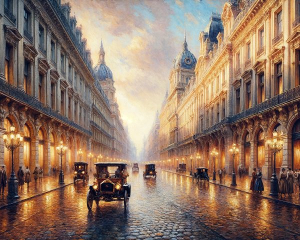 Early 20th-Century Cityscape with Cobblestone Streets
