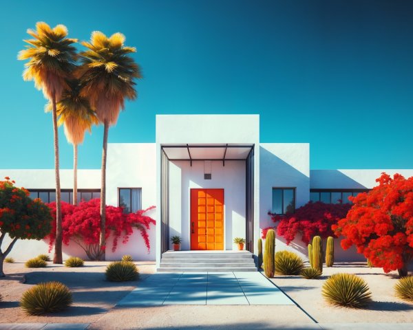 Modern Home with White Exterior and Colorful Landscape
