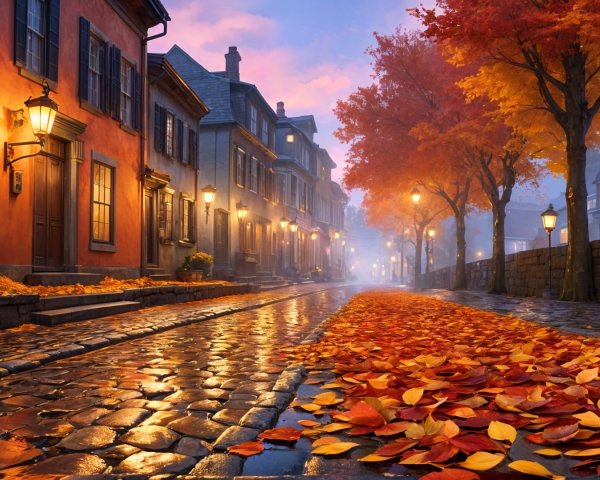 Charming Street with Autumn Leaves and Warm Glow