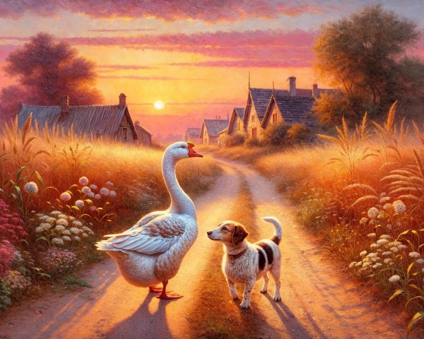 Countryside Sunset with Goose and Beagle Strolling