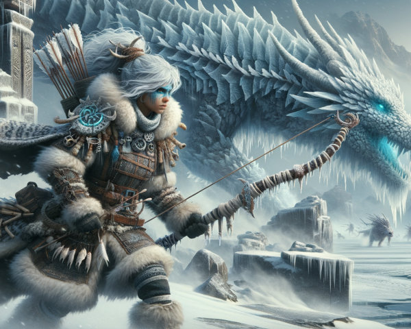 Warrior and Ice Dragon in a Snowy Fantasy Landscape