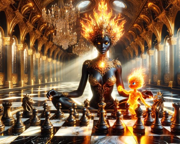 Meditation Scene with Chessboard and Fiery Creature
